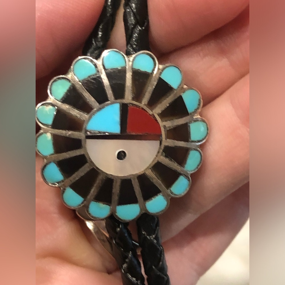 Vintage Zuni Style Sunface Bolo Tie Sterling Silver Mother Pearl Red Turquoise - Picture 8 of 10
